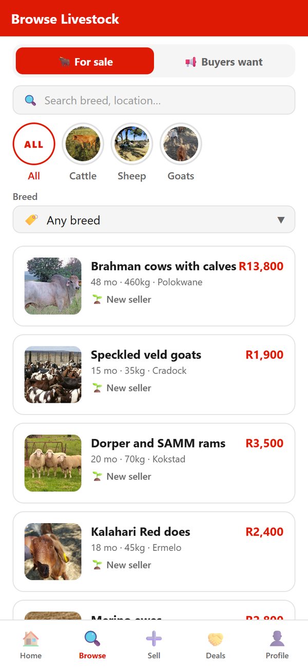 The Browse screen of the Live Stock app: cattle, sheep and goats for sale with prices