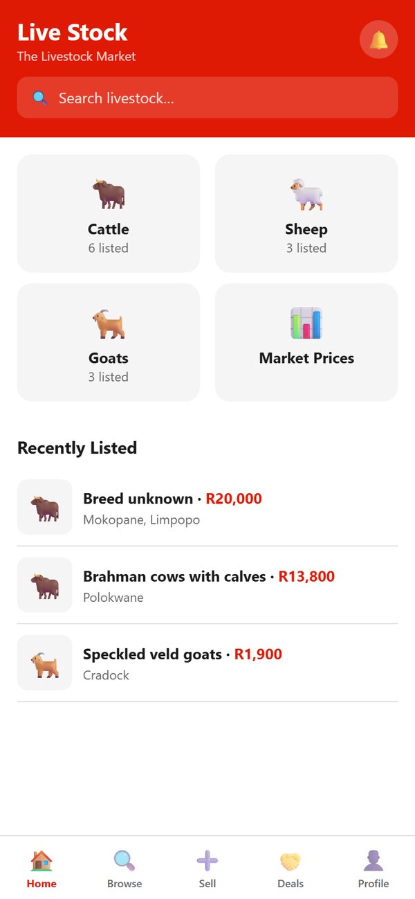 The home screen of the Live Stock app: cattle, sheep and goats by category, market prices and recent listings